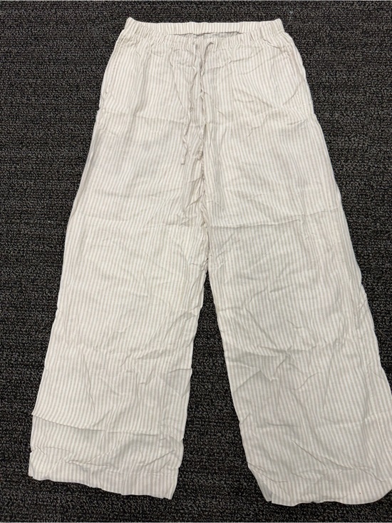 No brand Pants - Women's Wide-Leg Drawstring Linen-Blend Pants in Light Gray Stripe